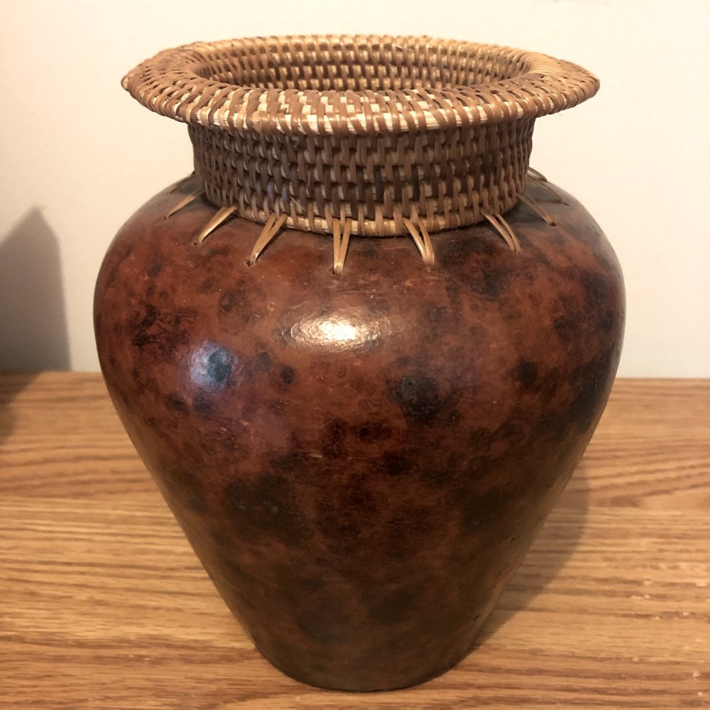 Pottery Vase with Handwoven Neck Great Condition